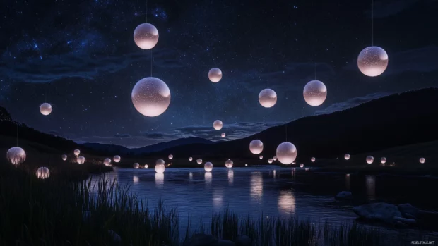 Night sky blends blues, purples, abstract orbs glow with stars.