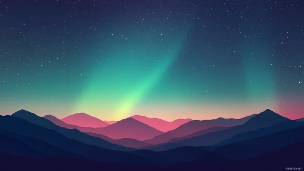 Night sky glows, Northern Lights cascade, green blue purple, above mountains.