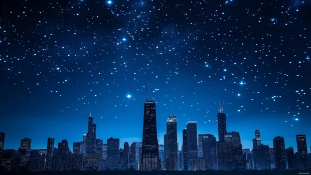 Night sky over cityscape, skyscraper silhouettes, starry backdrop, nature urban contrast.