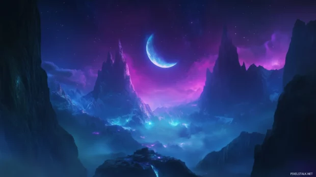 Night sky with crescent moon, shining gently, stars, light cloud wisps.