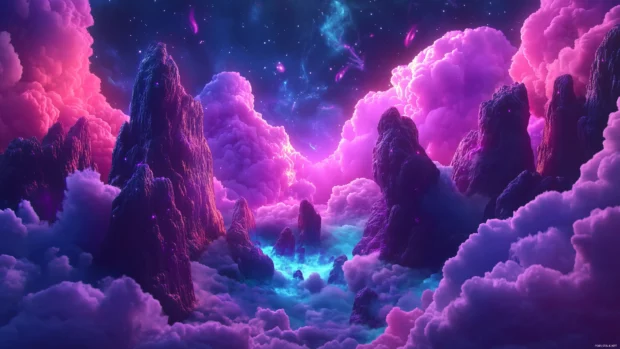 Night sky with galaxies, pink purple nebulae glow, infinite feel.