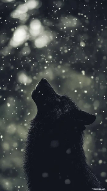 Night sky wolf wallpaper with a vertical perspective of a black wolf under shimmering stars.