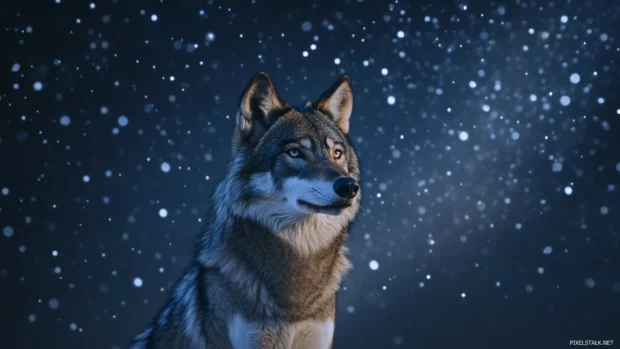 Night sky wolf wallpaper with stars featuring a majestic wolf standing under a sky filled with constellations.