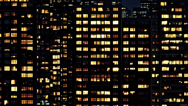 Night skyline, vibrant city, lit windows create dynamic light pattern.