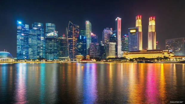 Night urban skyline with vibrant city lights.