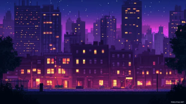 Nighttime City Desktop Wallpaper, neon skyline glowing above urban streets.