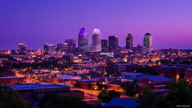 Nighttime City skyline glowing in hues of violet and gold.