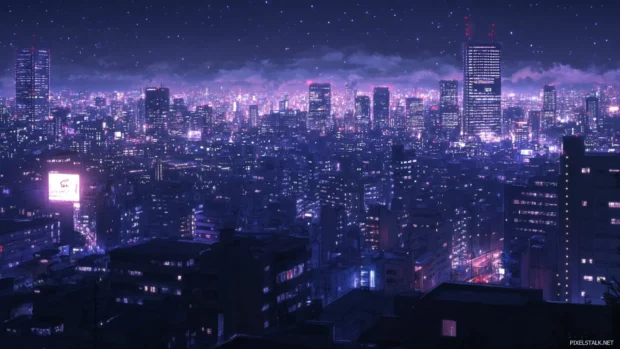 Nighttime City skyline stretching endlessly with urban lights.