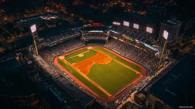Nighttime baseball field lit up for a game.