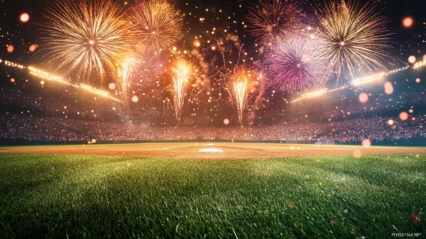 Nighttime baseball field with fireworks exploding in the sky, colorful lights reflecting off the grass .