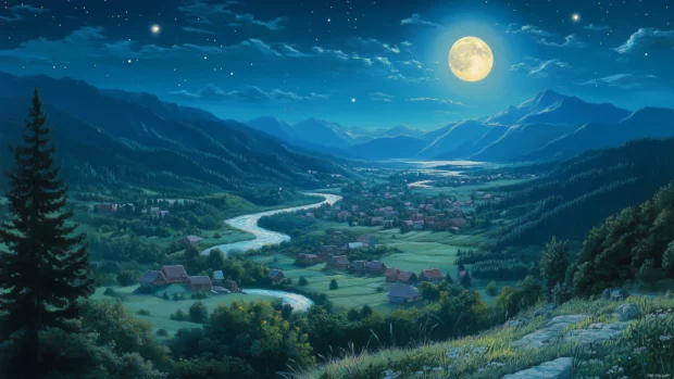 Nighttime majestic Anime sky, full moon's soft glow on landscape, stars twinkle.