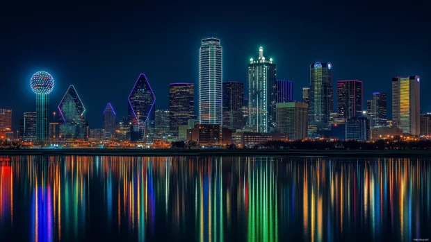 Nighttime panorama of Dallas cityscape, showcasing illuminated buildings and vibrant city lights with reflections on nearby water bodies.