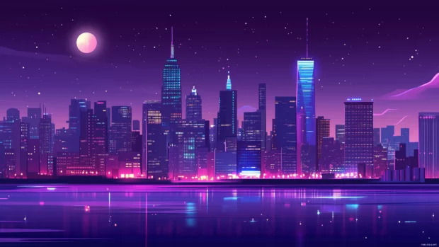 Nighttime view of the NYC skyline with a full moon glowing above, casting soft light on the iconic skyscrapers.
