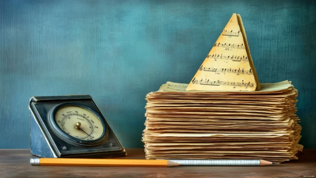 Nostalgia and history vintage style shot stack of old sheet music yellowed pages worn out metronome and pencil.