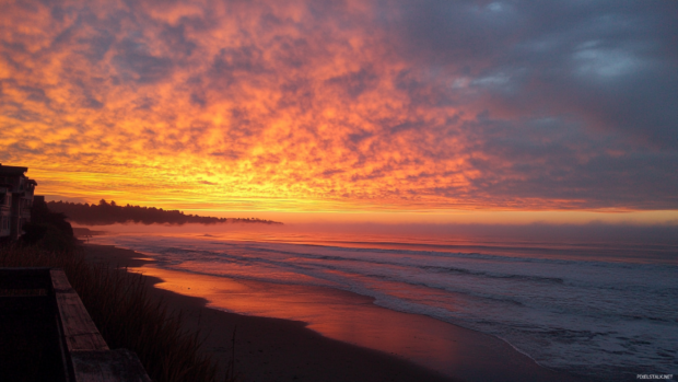 Ocean sunrise illuminating the clouds in hues of peach and gold.