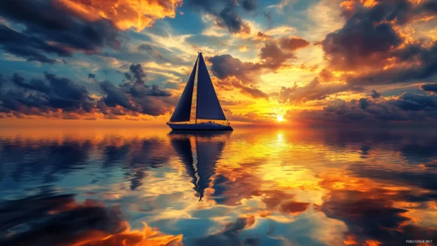 Ocean view with sailboat sailing into colorful sunset sky.