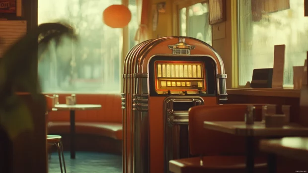 Old jukebox in retro diner setting with music ambiance.