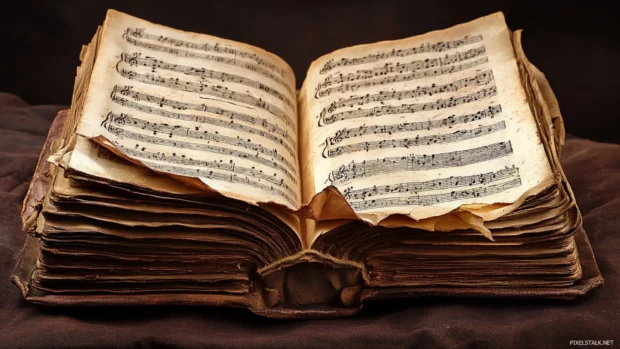 Old leather bound book filled with sheet music pages.