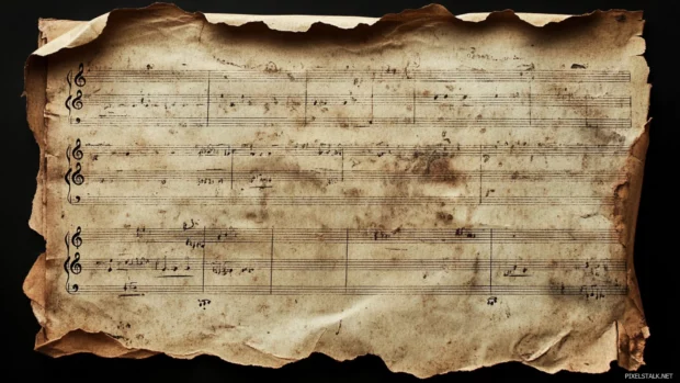 Old paper curled at the edges with musical notation, Romantic sheet music wallpaper HD.