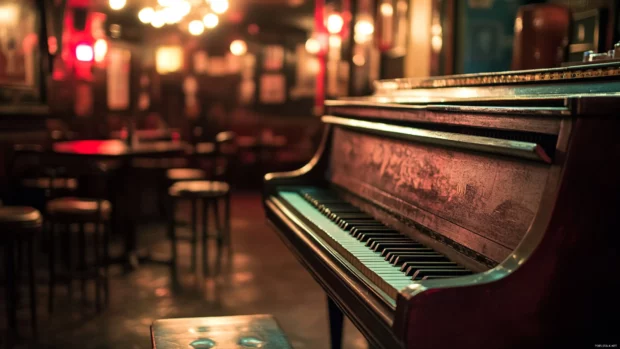Old piano in a dimly lit jazz bar with music vibe.