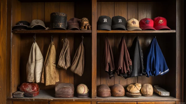 Old school baseball gear on a wooden shelf in a locker room captured in Classic baseball desktop wallpaper.