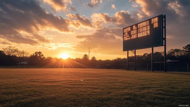 Old school scoreboard behind the field at sunset in baseball.