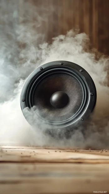 Old speaker vibrating with bass in slow motion.