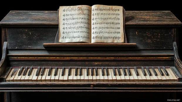 Old upright piano with open sheet music on stand.