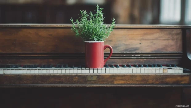 Old upright piano with plant and coffee mug on top.