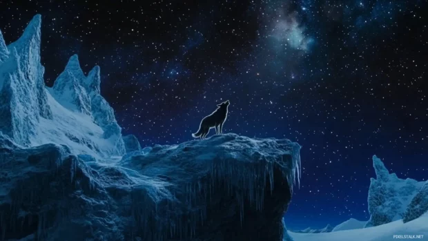 On a distant icy ledge, a lone wolf lifts its head to howl with stars glittering.