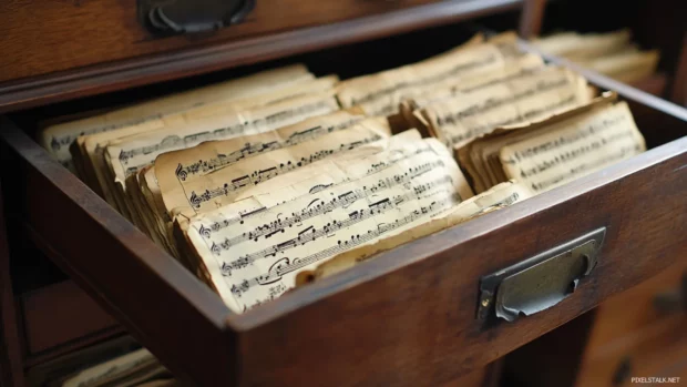 Open drawer filled with yellowed sheet music collections.