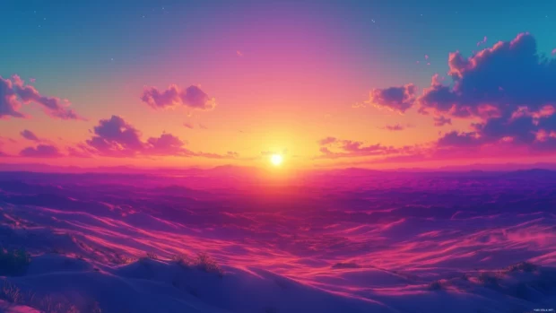 Open fields evening sky fluffy clouds gradient shades gold pink and lavender stretching endlessly.