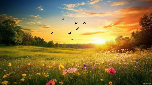 Open meadow during sunrise with birds fluttering in joy, perfect for a calm wallpaper scene.