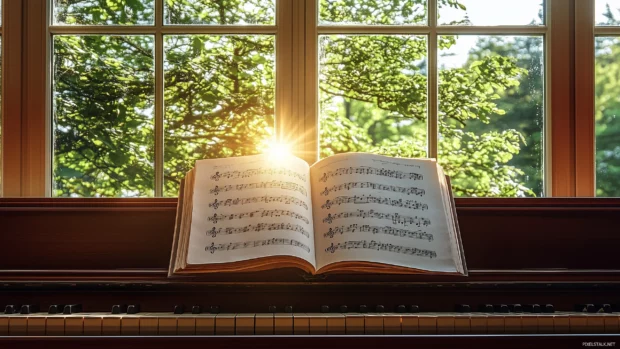 Open music book serene image on piano soft sunlight streaming through window casting gentle shadows pages filled with notes.