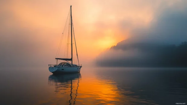 Orange sky meets grey fog in peaceful harmony.