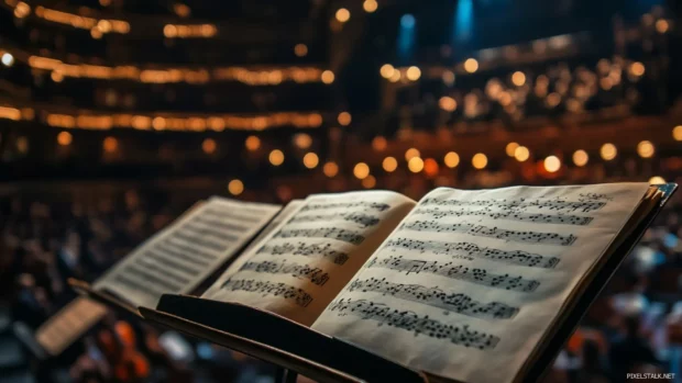 Orchestral sheet music on stand in concert hall atmosphere inspired by Classical music sheet wallpaper HD.