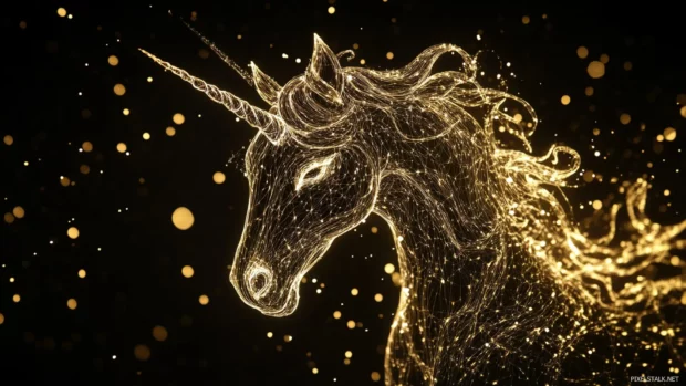 Outlined unicorn in glowing ink over midnight backdrop.
