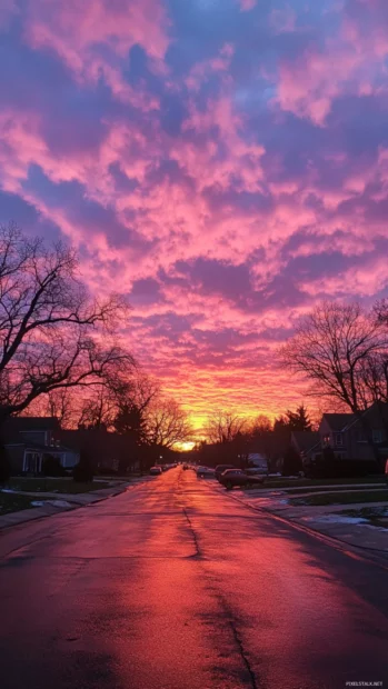 Overcast skies reflect pink and amber light at sunrise.
