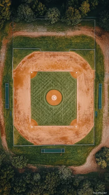 Overhead shot of a baseball diamond with symmetrical layout.
