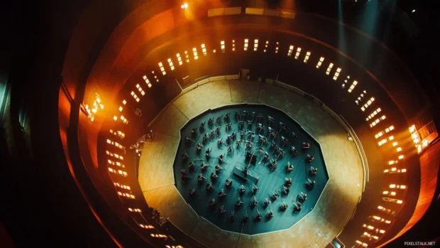 Overhead shot of symphony performance in concert hall designed with inspiration from Electronic music visual HD.
