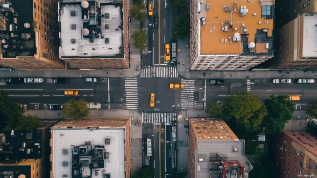 Overhead view of a city block with minimal detail, focusing on building shapes.