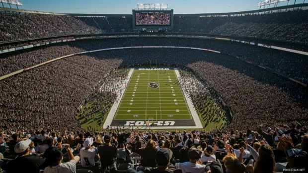 Overhead view of stadium full of cheering fans.