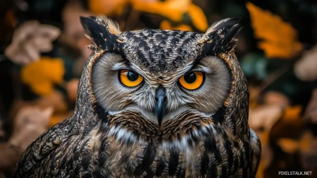 Owl HD wallpaper showing a dramatic scene with the bird piercing yellow eyes staring into the camera.