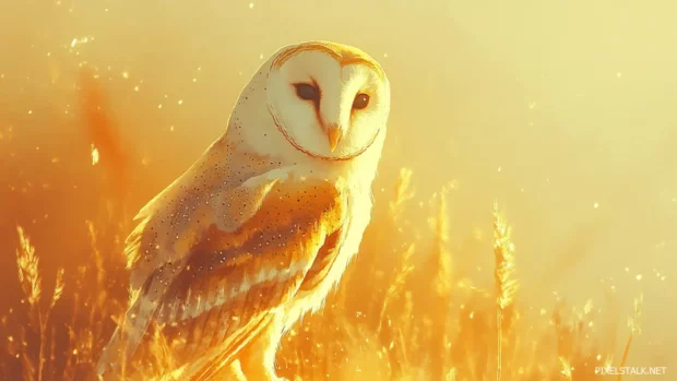 Owl aesthetic HD wallpaper of a barn owl painted in soft watercolor hues under golden light.