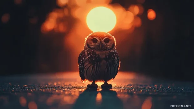 Owl aesthetic wallpaper capturing the owl from behind as it looks over its shoulder into a sunset glow.