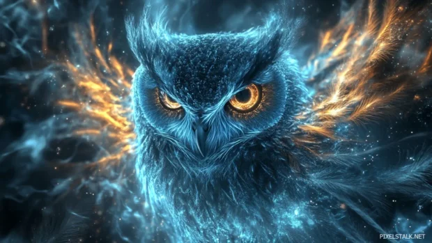 Owl art aesthetic wallpaper with glowing feathers and subtle cosmic textures surrounding the owl.