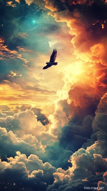 Owl art iPhone wallpaper showing a vertical dreamlike flight across glowing clouds.