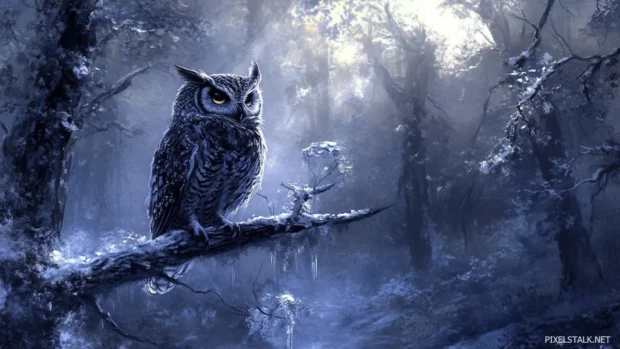 Owl art wallpaper showing a mystical owl perched on a glowing crystal branch in a snowy forest.