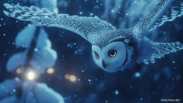 Owl background for desktop showing an owl in mid flight, wings fully stretched across a twilight sky.