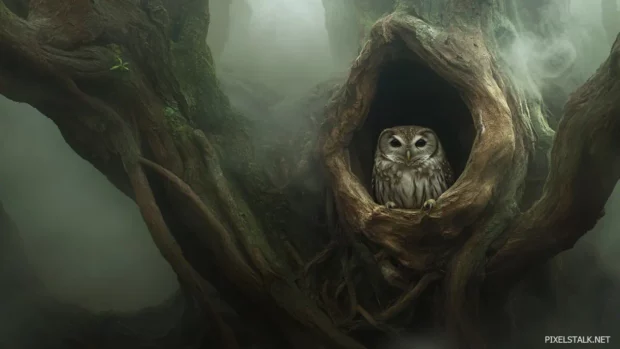 Owl desktop wallpaper with the bird resting in the hollow of an old tree surrounded by fog.